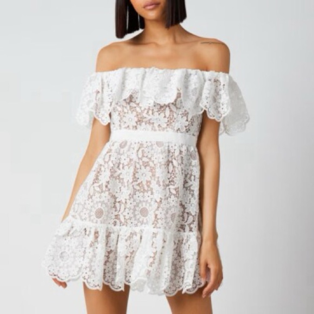 Self Portrait Guipure Lace Off The Shoulder Lace Dress White